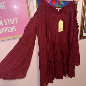 JODIFL Maroon Ruffle Sleeve Dress